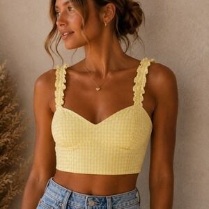 Zara Gingham Crop Tank Top Womens Small Babydoll Ruffle Strap Sweetheart Summer